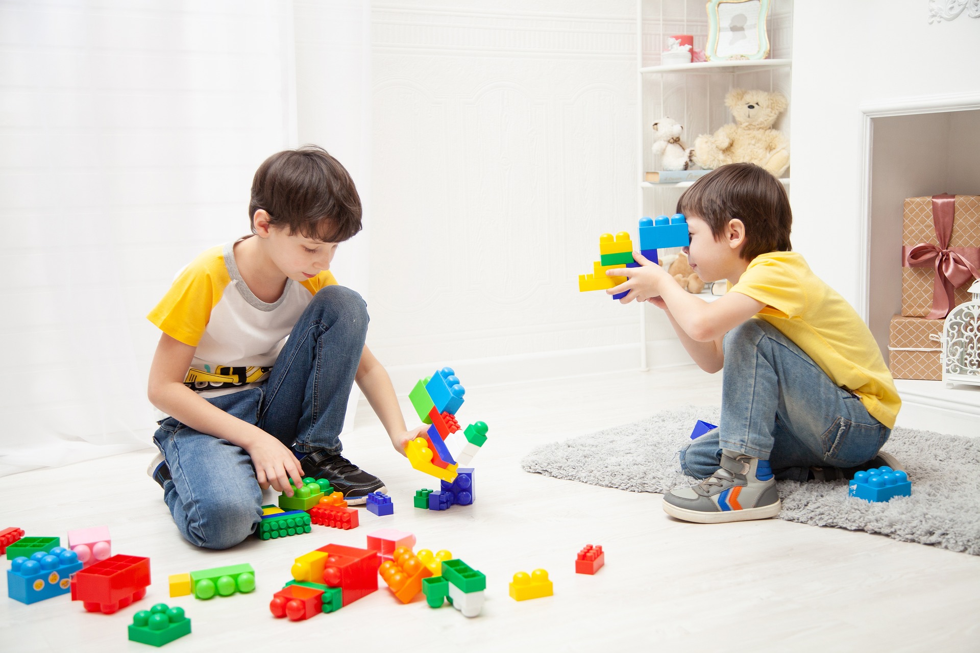 Alex and Lyndon Playing with Toy Blocks  Kids Learn that Sharing is Caring  